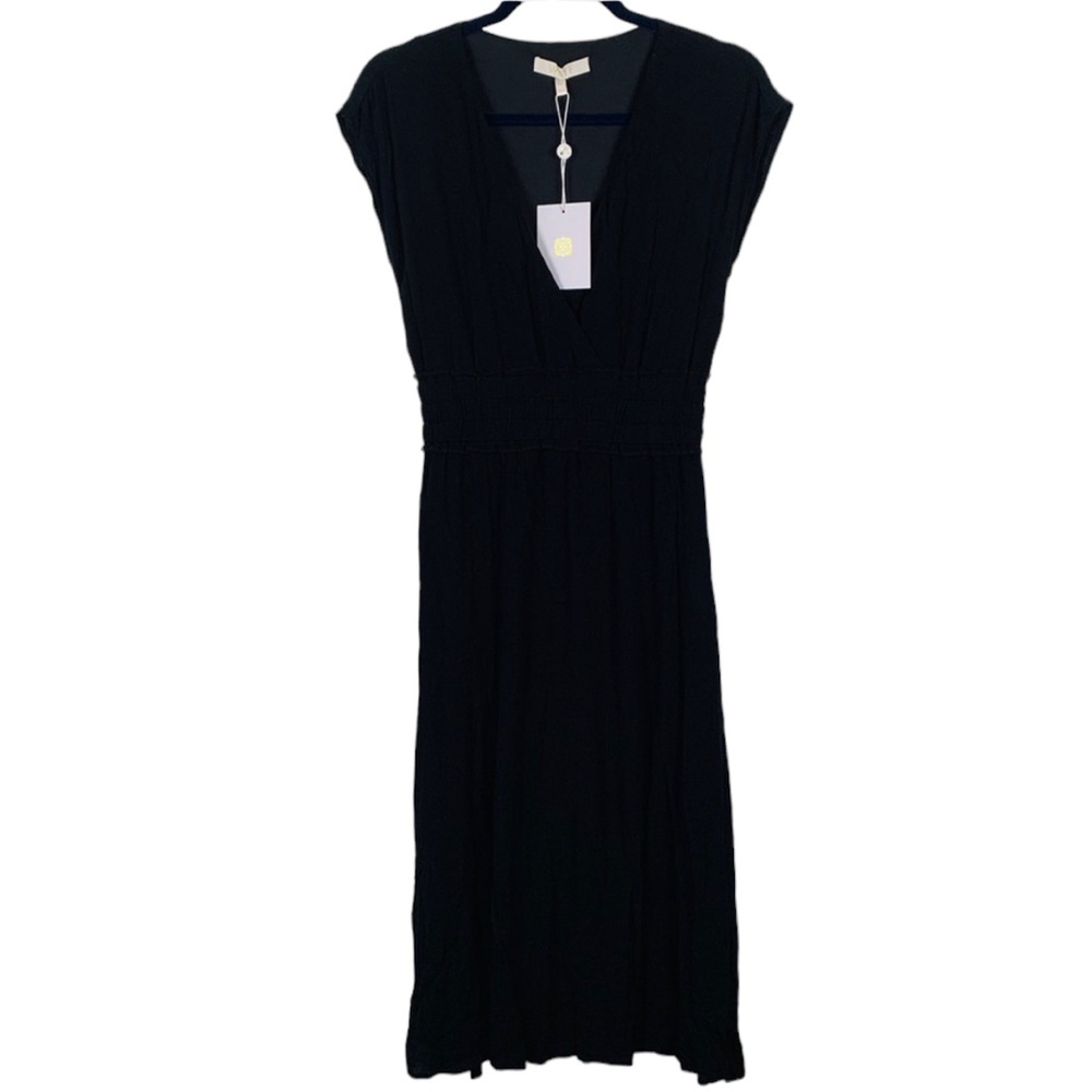 WAYF midi black dress deep v neck elastic waist detail short sleeve size XS NWT